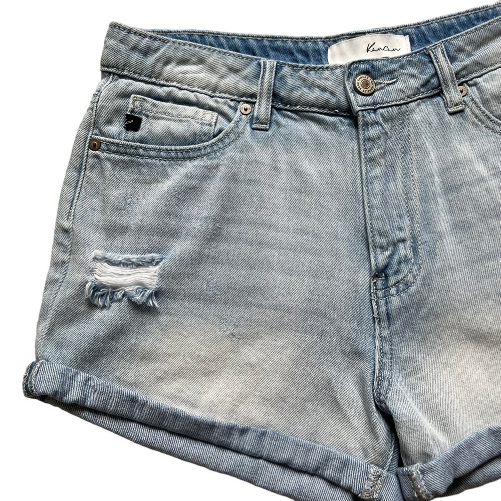 KanCan Women’s High Rise Denim Shorts Size S Cuffed Light Wash Distressed - Picture 2 of 8